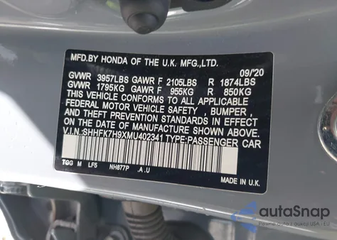 2021 Honda Civic Sport Touring from USA, damaged, VIN SHHFK7H9XMU402341